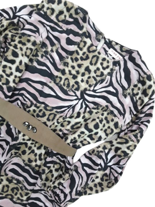 Mädchenkleid Langärmelig Tierdruck Set aus 2 mit Zubehör Schwarz Rosa Leoparden