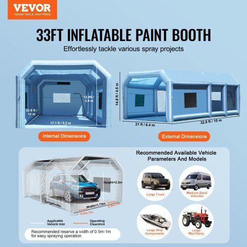 Vevor Надуваема бояджийска кабина Vevor 32.8 X 21 X 14.8 фута с мощни вентилатори и въздушен филтър за преносими големи превозни средства