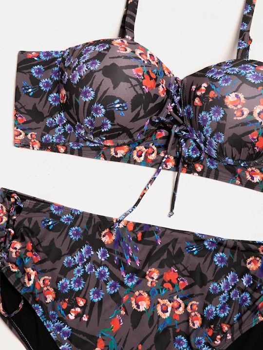 Σετ Μαγιό Plus Size Ψηλόμεσο Μπανέλα Floral Γκρι Γκρι