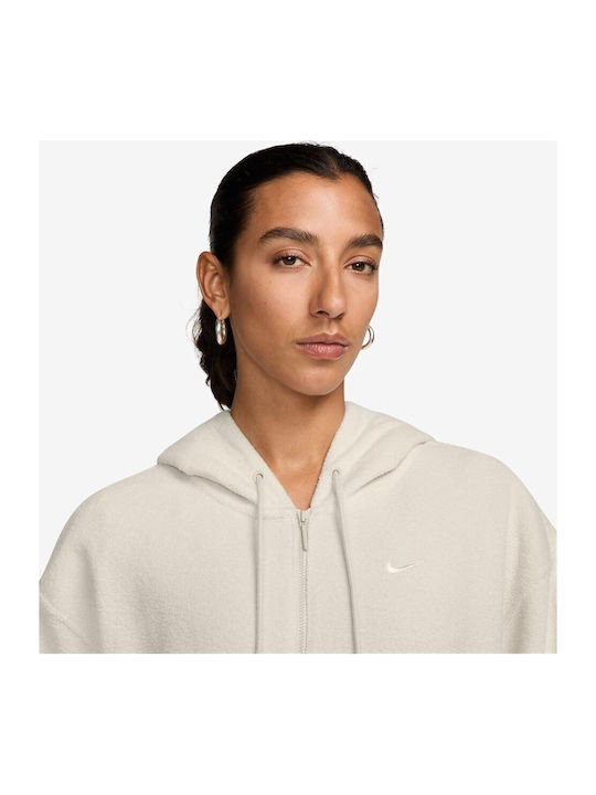 Fleece Γυναικεία Ζακέτα με Φερμουάρ σε Εκρού Χρώμα