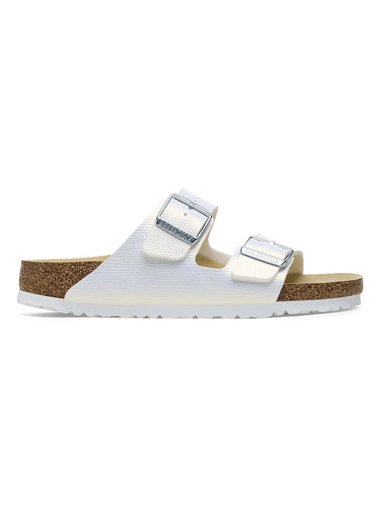 Birkenstock Arizona Bs Birko-flor Embossed Women's Flat Sandals Shiny Lizard White Narrow Fit