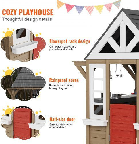 Vevor Multifunctional Wooden Kids Playhouse with Kitchen 140.3x126x166cm