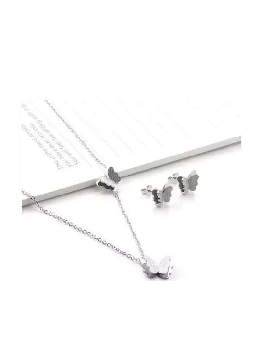 Kids Set Necklace-Earrings Hypoallergenic Butterfly Steel 316 Silver Bode 03922
