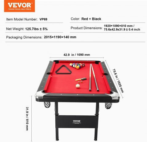 Vevor Τραπέζι Μπιλιάρδου Αμερικάνικο Μ192xΠ109xΥ81cm