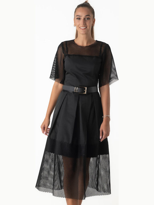 Midi Evening Dress with Mesh Black