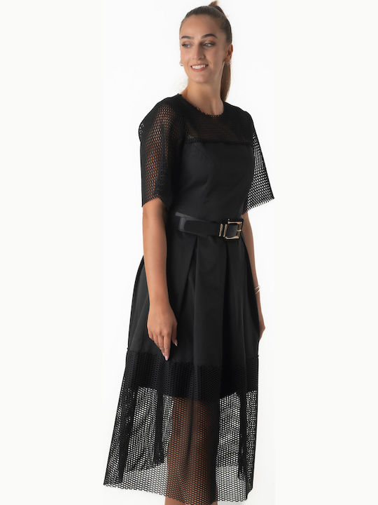 Midi Evening Dress with Mesh Black