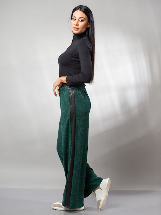 Women's High-waisted Fabric Trousers with Elastic in Slim Fit Green