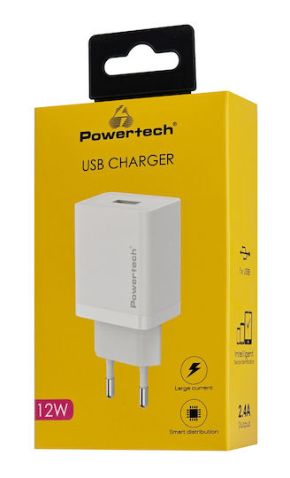 Powertech Charger Without Cable with USB-A Port 12W Whites (PT-1320)