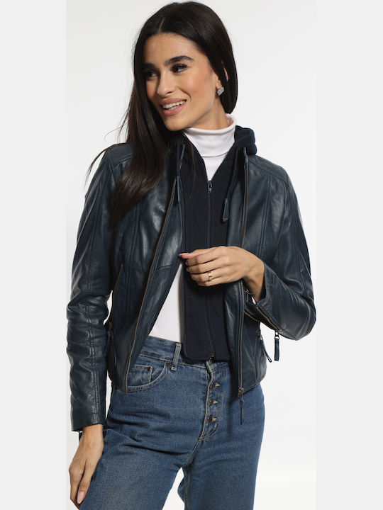 Women's Crop Lifestyle Leather Jacket for Winter with Detachable Hood Blue