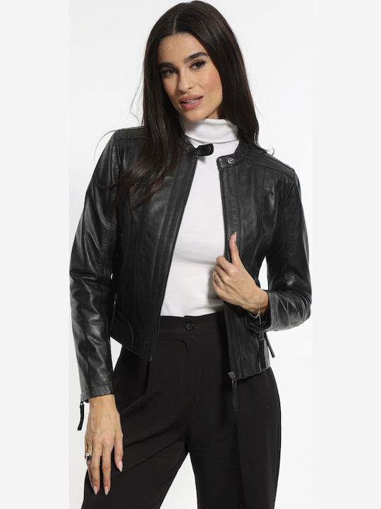 Women's Crop Lifestyle Leather Jacket for Winter Black
