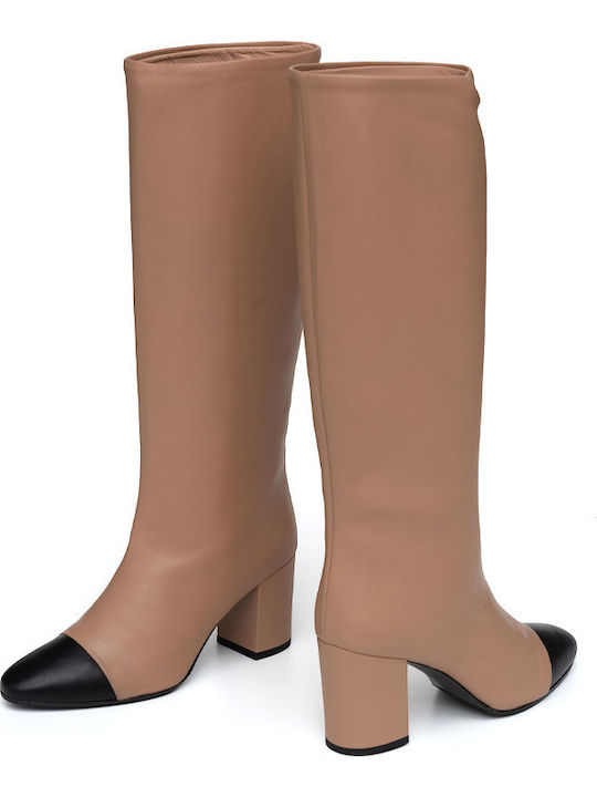 Leather High Heel Women's Boots with Rubber Beige