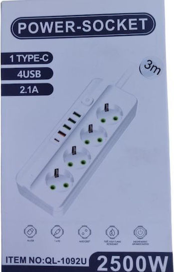 Захранваща лента 4 Позиции с 4 USB-A, 1 USB-C и Кабел 3м