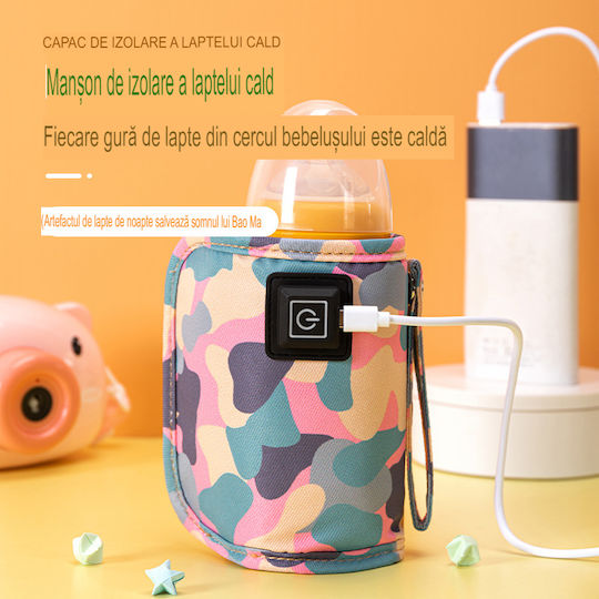 Încălzitor portabil pentru biberoane Arvada Baby Comfort, încărcare USB, mâner din silicon, temperatură constantă până la 24 de ore, 14x8cm, afișaj digital, camuflaj roz