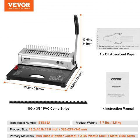 Vevor Bookbinder Machine for Spirals for Maximum 450 Sheets ZDJ20SSSD210BTS1FV0