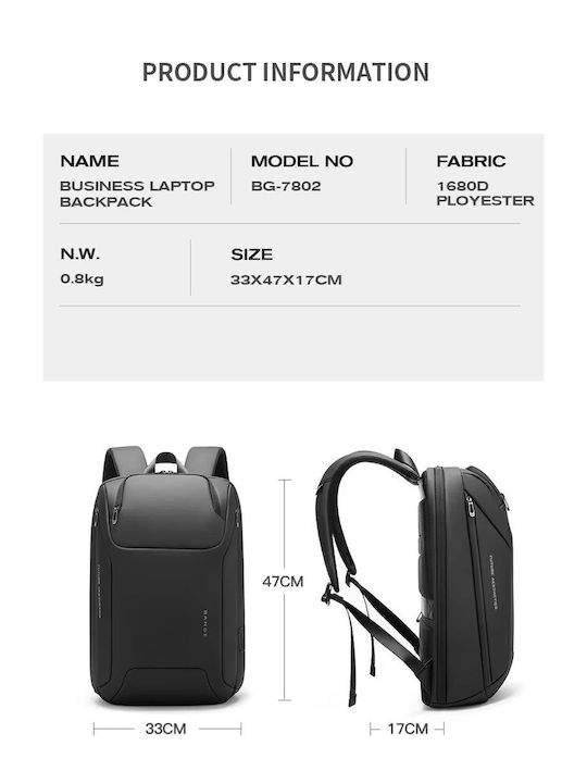 Bange Αδιάβροχη Τσάντα Πλάτης για Laptop 15.6" με Θύρα USB σε Μαύρο χρώμα 7802