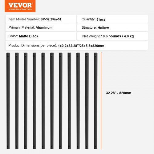 Vevor Μεταλλικά Κάγκελα Σκάλας 51τμχ Μαύρο Σατινέ Βεράντα Bpklgz51g322dlhbfv0