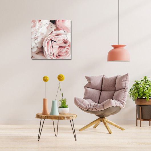 Ceas de Perete Living Canvas Tablou Flori Pastel Trandafiri 40x40cm