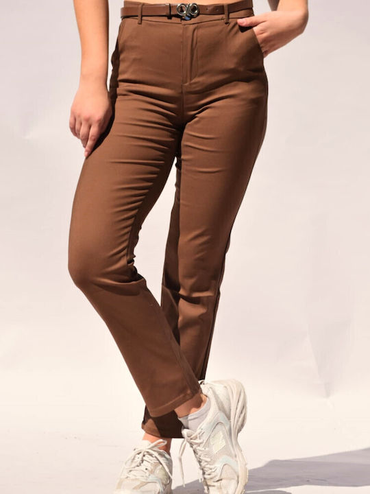 Damen Hoch tailliert Stoff Hose Coffee
