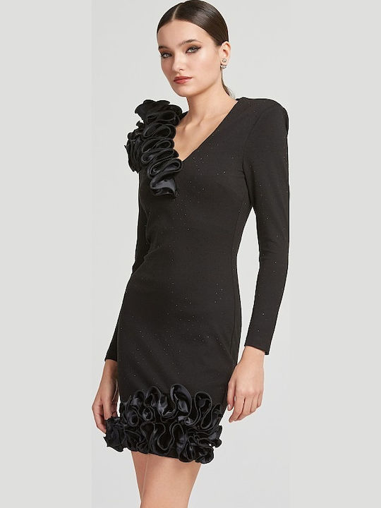 Mini Evening Satin Dress with Ruffles Black
