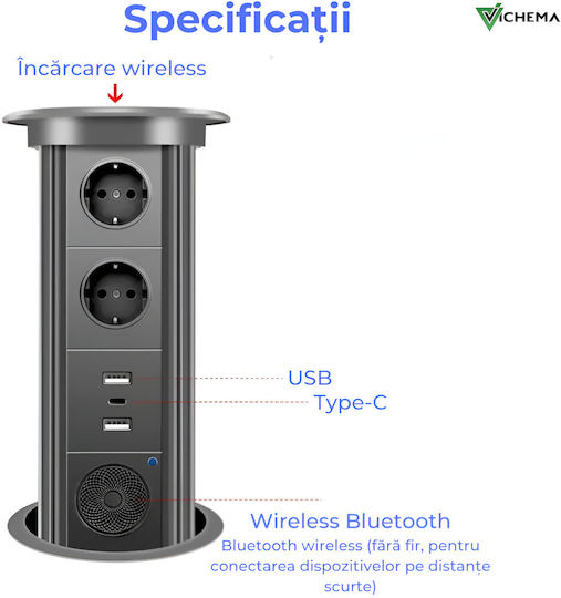 Vichema Pop-up Smart Rise Socket Built-in Countertops Furniture Office Smart Charging From Tempered Glass Aluminum Alloy 1x Bluetooth Speaker Tower Eu Socket Usb-c