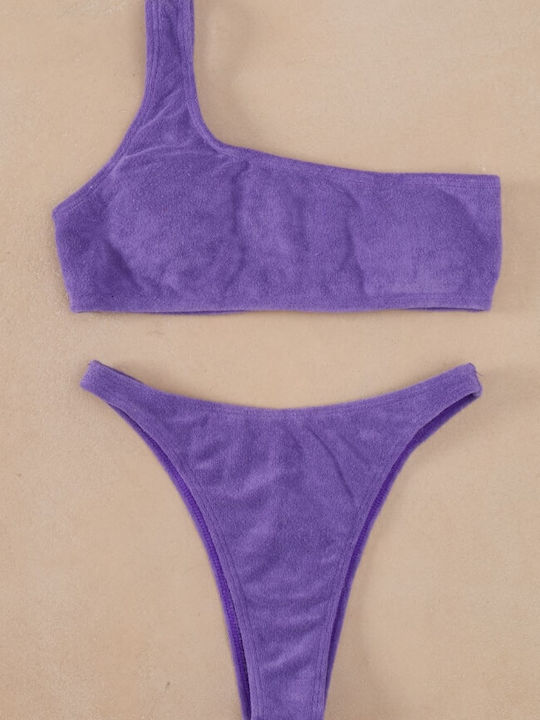 Terry Bikini Set One Shoulder High Waist Purple