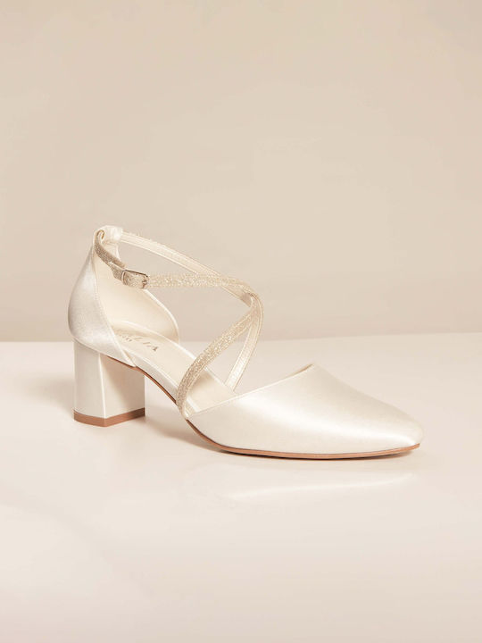 Bridal Satin Pump with Strap Combination Faux Leather Ivory 6 Cm Daga