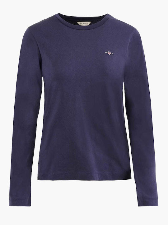 Women's Blouse Cotton Long Sleeve with V Neckline Navy Blue
