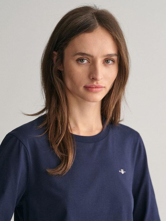 Women's Blouse Cotton Long Sleeve with V Neckline Navy Blue