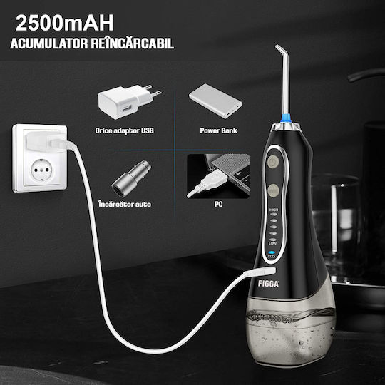 Figga Oral-f101 Irigator Profesional Portabil pentru Curățarea Dentară cu 8 Capete, Baterie 2500 mAh, 5 Viteze, Rezervor de 300 ml, Rezistent la Apă IPX7, Protecție la Supraîncălzire, Geantă de Depozitare, Negru