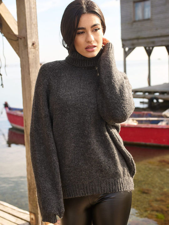 Women's Long Sleeve Sweater Woolen Turtleneck Gray