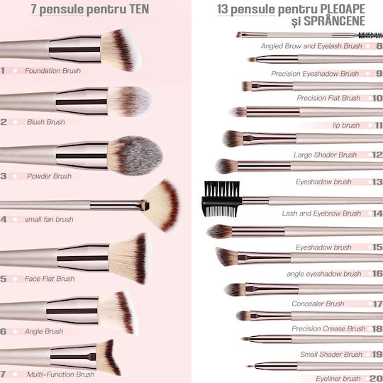 Figga Profesional Set cu Pensule de Machiaj pentru Fond de ten din Păr Sintetic 20buc