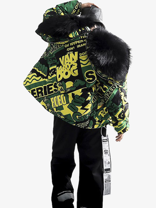 Κοντό Γυναικείο Puffer Μπουφάν για Χειμώνα Green/yellow