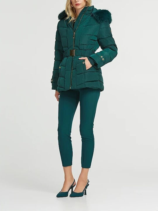 Faux Fur Hooded Mid-Length Jacket Green Lynne