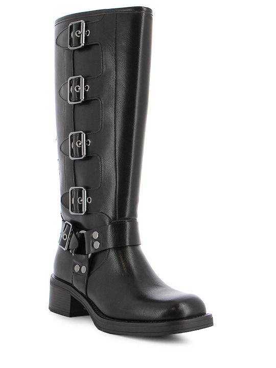 Leder Damenstiefel mit mittlerem Absatz Schwarz