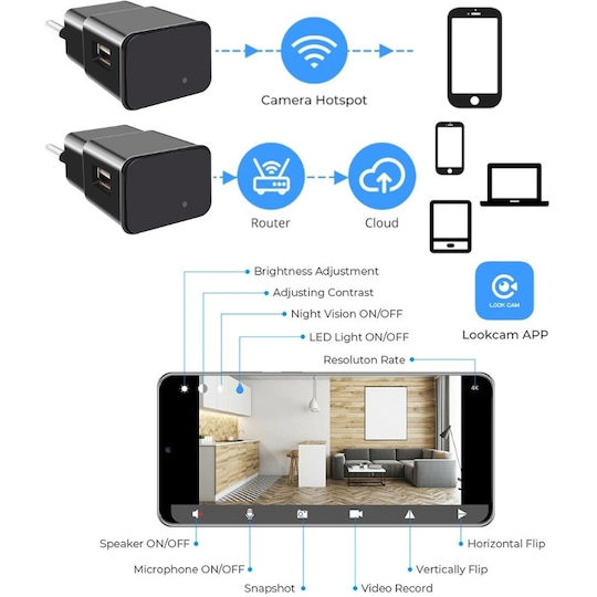 Iuni Ip1000 Spy Camera Usb Charger 32gb Wifi 4k View Audio-video P2p