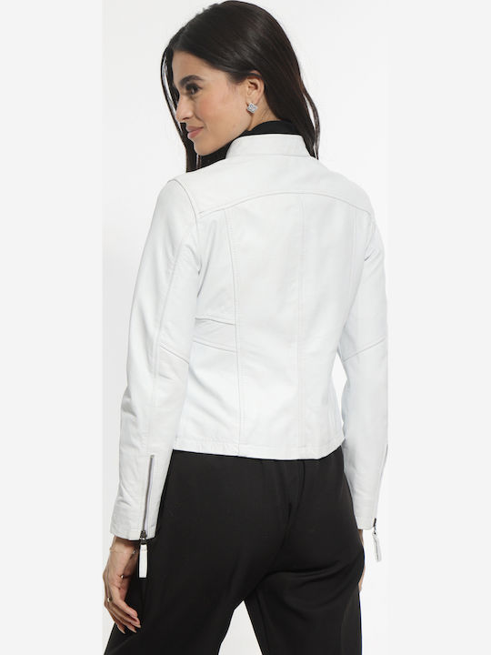 Women's Crop Lifestyle Leather Jacket for Winter White