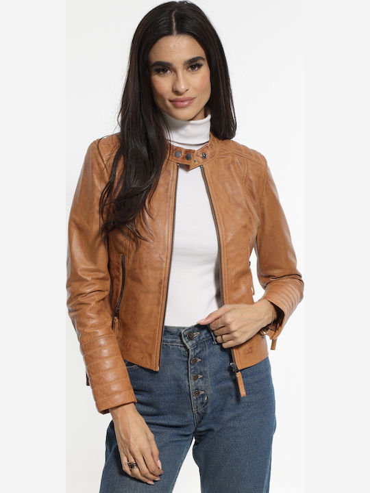 Women's Crop Lifestyle Leather Jacket for Winter Brown