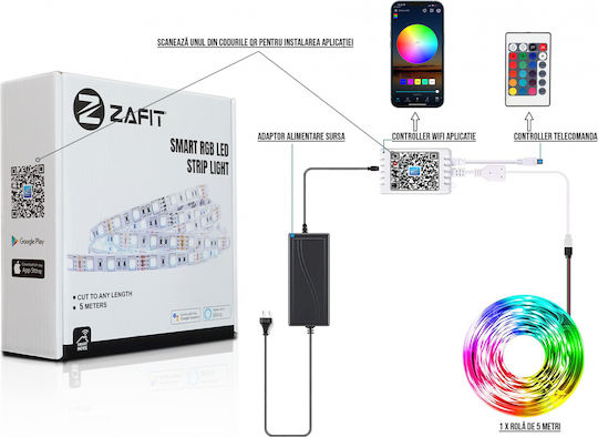 Zafit Inteligent Bandă LED Wi-Fi RGB Lumină 5m Tip SMD5050 cu Telecomandă & Controler WiFi