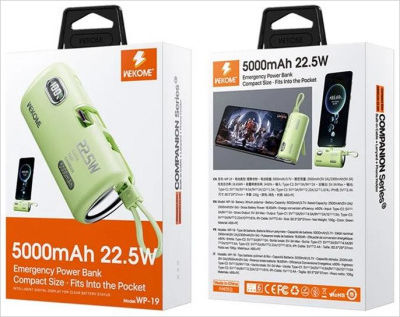WK WP-19 Power Bank 5000mAh 22.5W με 2 Θύρες USB-C Πράσινο