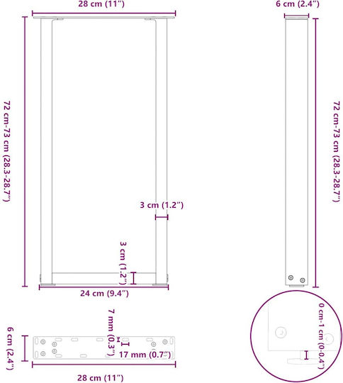 vidaXL Metallic Furniture Foot 2 Pieces Suitable for Table / Coffee Table 28x72x72cm Anthracite