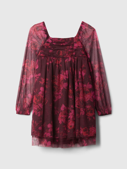 Mädchenkleid Langärmeliges Tüll Blumen Rosa
