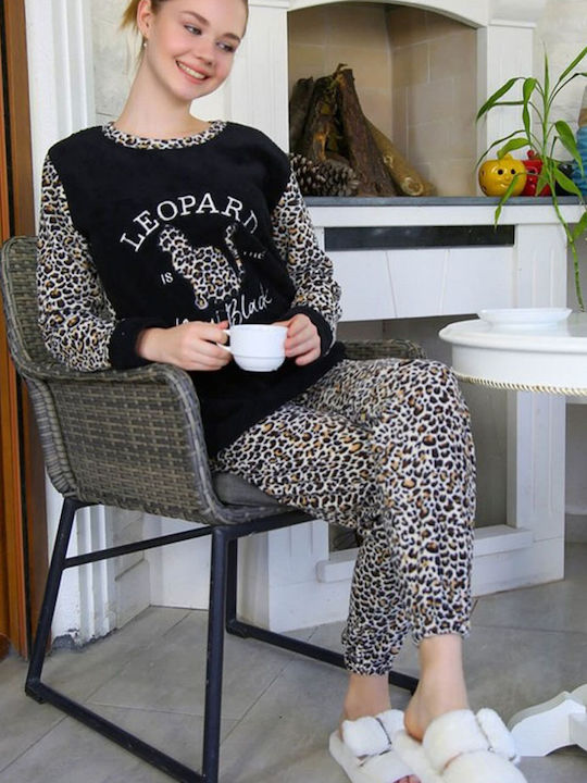 Join Damen-Pyjama Leopard Zweifarbig Schwarz