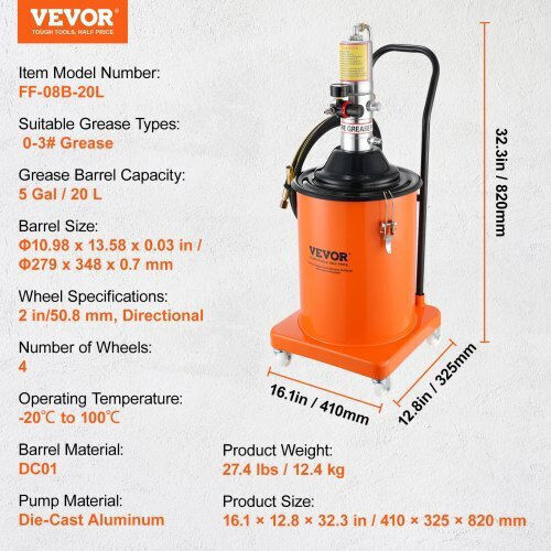Vevor Air Pressure Sprayer Wheeled Grease Gun 20lt 3.96m