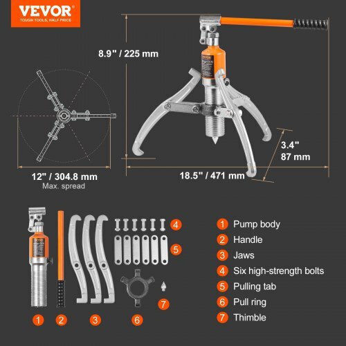 Vevor Υδραυλικός Αποσυμπιεστής 15 Τόνων 2/3 Σιαγόνες 12" Θήκη Yylm15t4v82917q0cv0