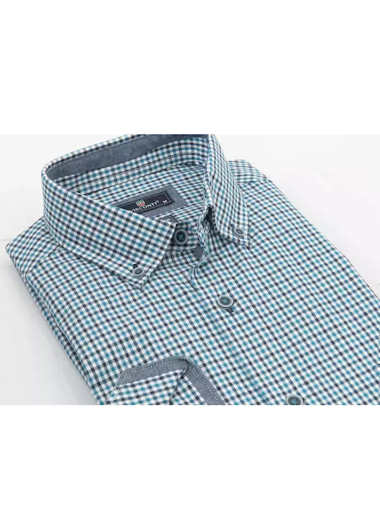 Cu mânecă lungă Bumbac Cămașă Carou Teal, Navy