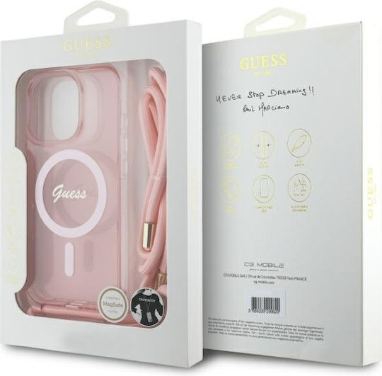 Guess Crossbody Cord Script Magsafe Umschlag Rückseite Kunststoff mit Band Rosa (iPhone 17 Pro / iPhone 16 Pro)