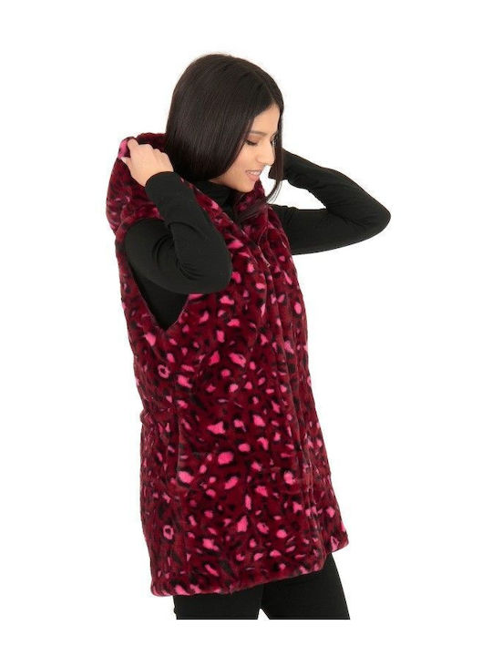 Burgundy Leopard Sleeveless Fur with Hood