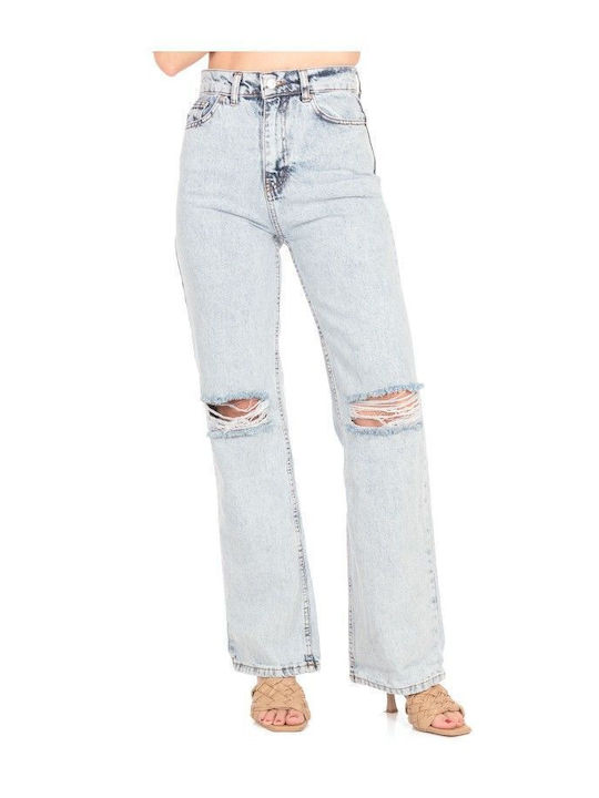 High Rise Denim Pants with Rips Blue