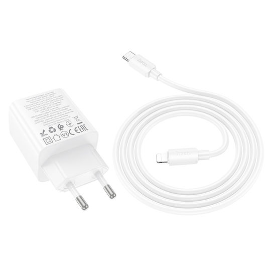 Hoco Mobile Phone Charger With 2 USB-A Output Ports And 2 USB-C Output Ports And USB-C - Lightning Cable 30W Power Delivery Quick Charge 3.0 White N56 Fundador