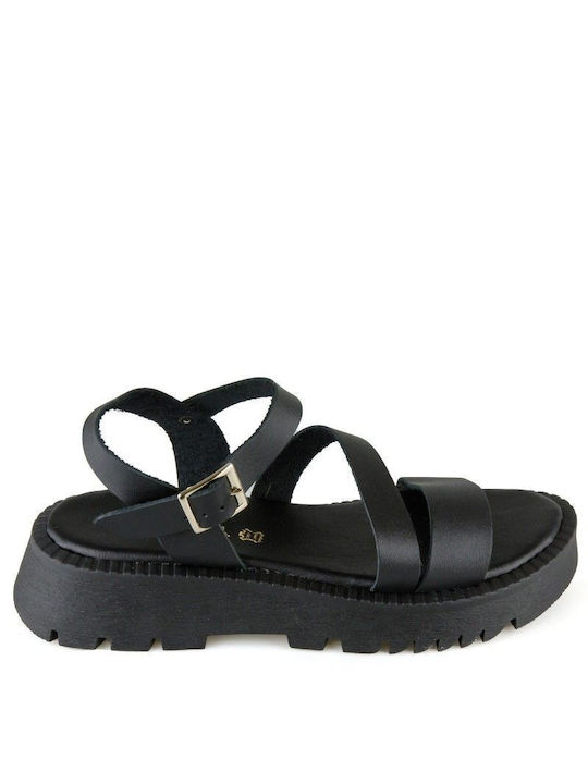 Silia D Leather Women's Flat Sandals Flatforms in Black Color